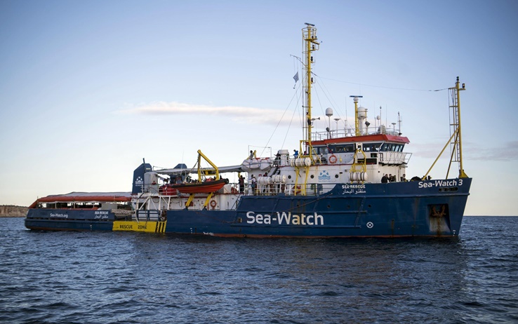 The Sea-Watch rescue ship waits off the coast of Malta, Tuesday, Jan. 8, 2018. Two German nonprofit groups are appealing to European Union countries to take in 49 migrants whose health is deteriorating while they are stuck on rescue ships in the Mediterranean Sea. Sea-Watch and Sea-Eye representatives told reporters in Berlin on Tuesday that drinking water was being rationed on their ships and some migrants had trouble eating due to illness.  (ANSA/AP Photo/Rene Rossignaud) [CopyrightNotice: AP]