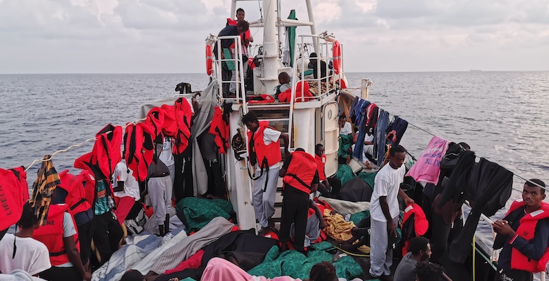 31 August 2019, ---: Around 100 migrants stand and lie tightly packed on deck of the rescue ship "Eleonore" in the early hours of the morning. The "Eleonore" took in the migrants on 26.08.2019 off the Libyan coast. The people were rescued while their boat was sinking, said Axel Steier, spokesman for the Dresden aid organisation Mission Lifeline, which supports the "Eleonore". The ship continues to search for a safe haven. Photo by: Johannes Filous/picture-alliance/dpa/AP Images