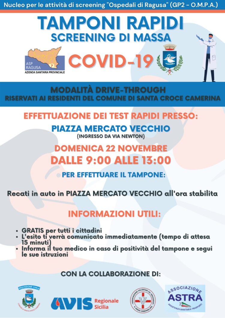 Drive- point: Tamponi rapidi gratuito alla popolazione di Santa Croce Camerina domenica 22 novembre