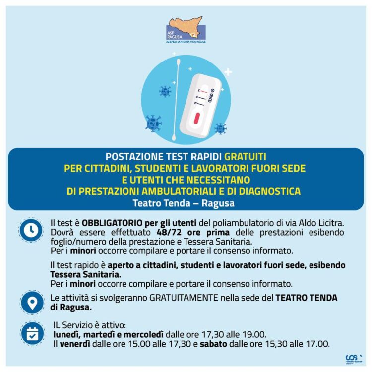 Ragusa: l’Asp ha predisposto test rapidi gratuiti per cittadini, studenti e lavoratori fuori sede
