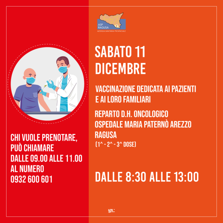 Secondo appuntamento vaccinazione nel DH Oncologico “Maria Paternò Arezzo”, l’ 11 dicembre 2021