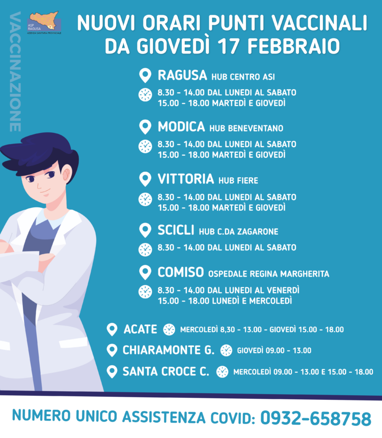 Nuovi orari negli HUB e Centri vaccinali dell’Asp di Ragusa a partire dal 17 febbraio 2022