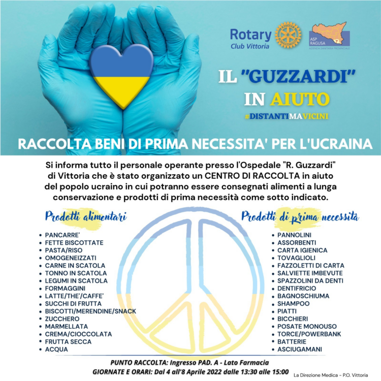 “Distanti ma vicini”. L’ Ospedale “R. Guzzardi” di Vittoria impegnato nella raccolta di beni di prima necessità per il popolo ucraino
