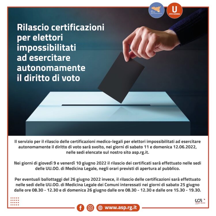 Attivo il servizio per il rilascio delle certificazioni medico-legali per elettori impossibilitati a esercitare autonomamente il diritto di voto