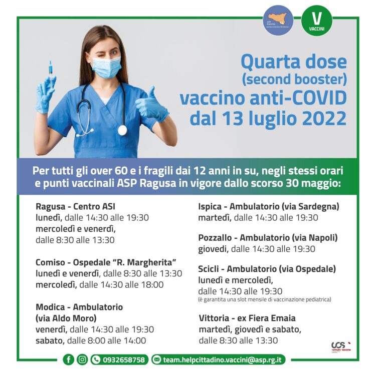 ASP di Ragusa, al via la campagna per la quarta dose per le persone over 60 e quelle con elevata fragilità