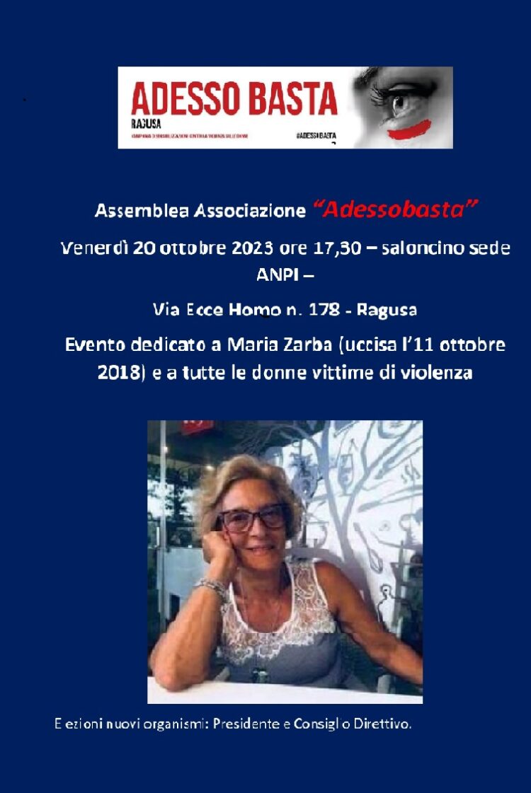 Assemblea di AdessoBasta per il rinnovo degli organistatutariEvento dedicato alfemminicidio di Maria Zarba uccisa l’11 ottobre del 2018