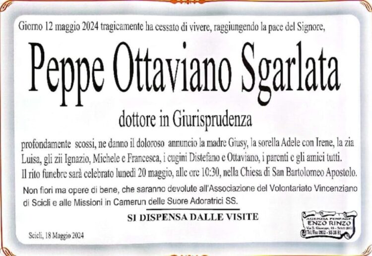 Scicli, lunedì mattina i funerali di Peppe Ottaviano