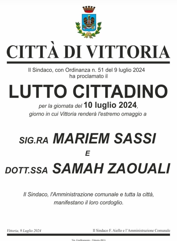 Strage di Vittoria, il Comune ha proclamato per oggi il lutto cittadino