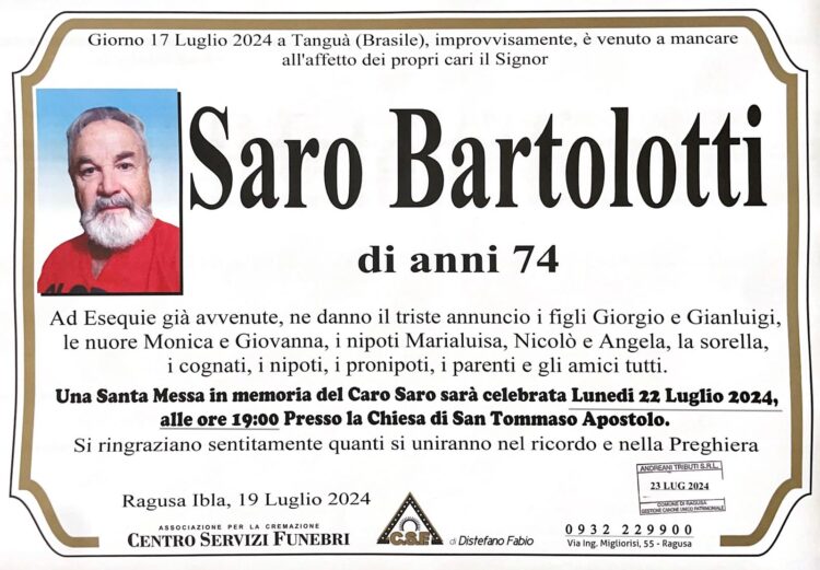 Ragusa piange la scomparsa di Saro Bartolotti