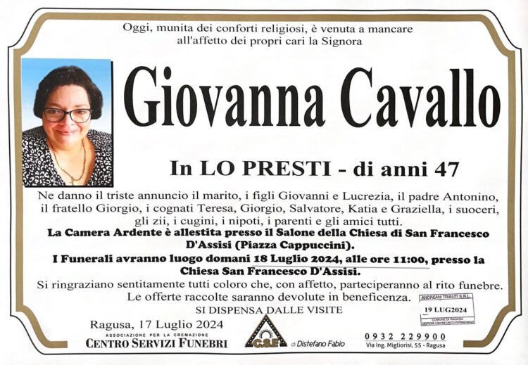 Ragusa piange la scomparsa della 47enne Giovanna Cavallo