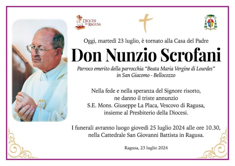 Ragusa piange la scomparsa di don Nunzio Scrofani