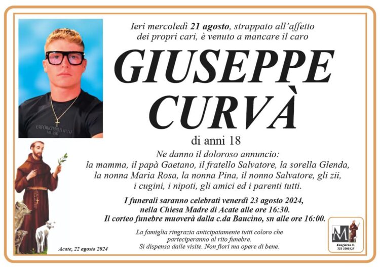 Acate, i funerali di Giuseppe Curvà venerdì pomeriggio in chiesa Madre