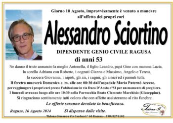 Ragusa, domenica mattina i funerali di Alessandro Sciortino