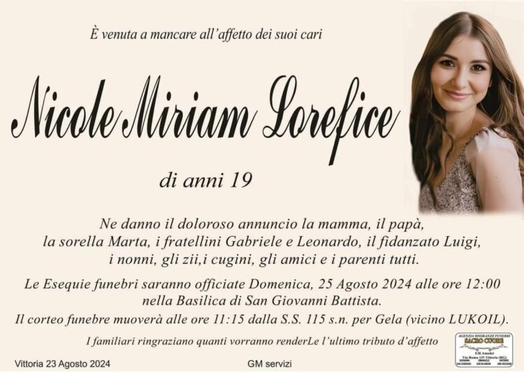 Vittoria piange Nicole Miriam Lorefice, domenica i funerali