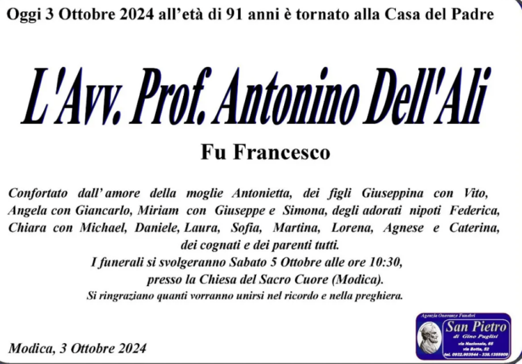 La città di Modica piange la scomparsa di Antonino Dell’Ali