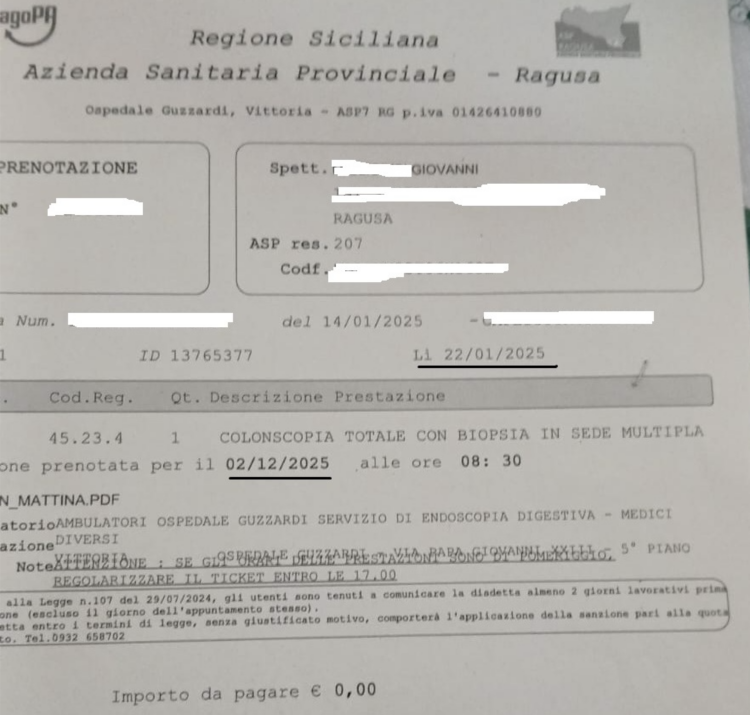 Undici mesi per una colonscopia in provincia di Ragusa, il comitato civico Art. 32 denuncia: “E’ macelleria sociale”