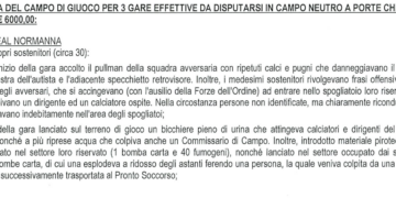 Il Modica calcio e il trattamento subito dalla Real Normanna: stadio squalificato per tre giornate e multa da 6mila euro in danno ai campani