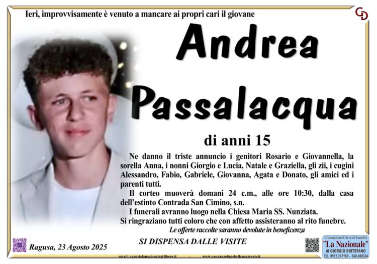 Ragusa, i funerali di Andrea Passalacqua sono in programma domani mattina