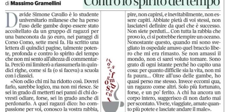 La lettera del ragusano Davide Simone Cavallo riassunta da Gramellini sul Corsera