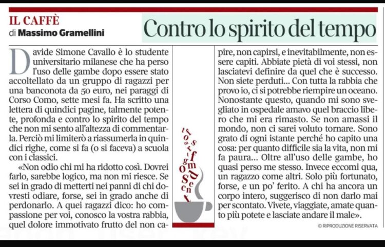 La lettera del ragusano Davide Simone Cavallo riassunta da Gramellini sul Corsera