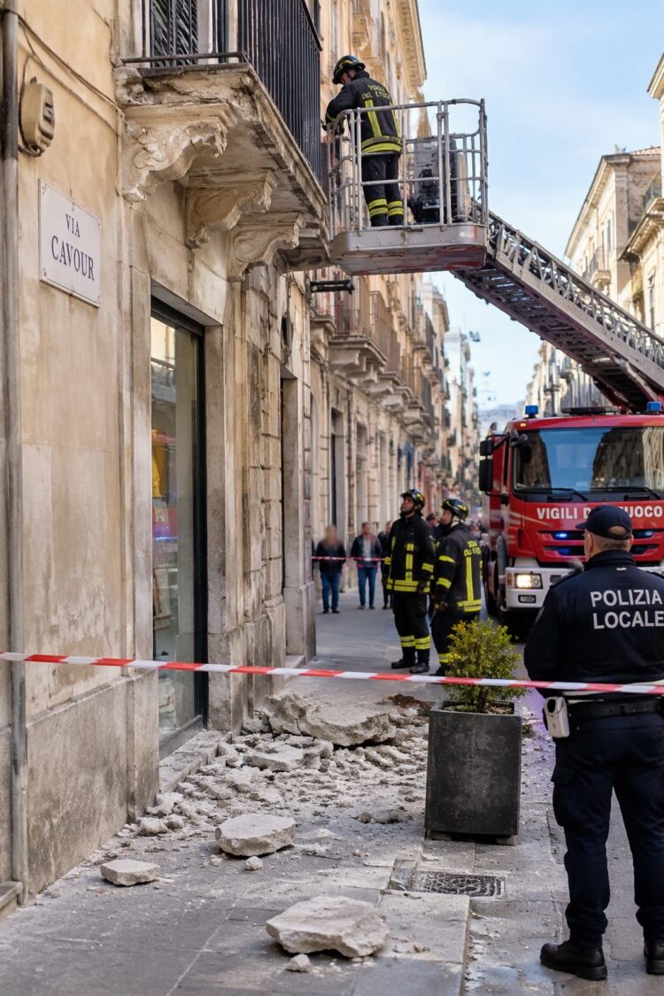Vittoria, calcinacci giù da un balcone in via Cavour